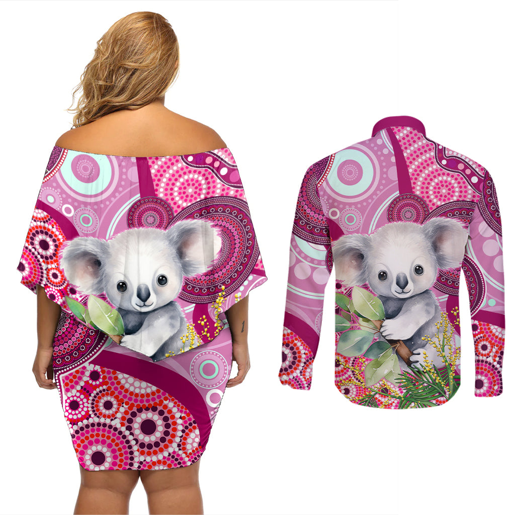 personalised-australia-couples-matching-off-shoulder-short-dress-and-long-sleeve-button-shirts-cute-koala-with-golden-wattle-indigenous-art