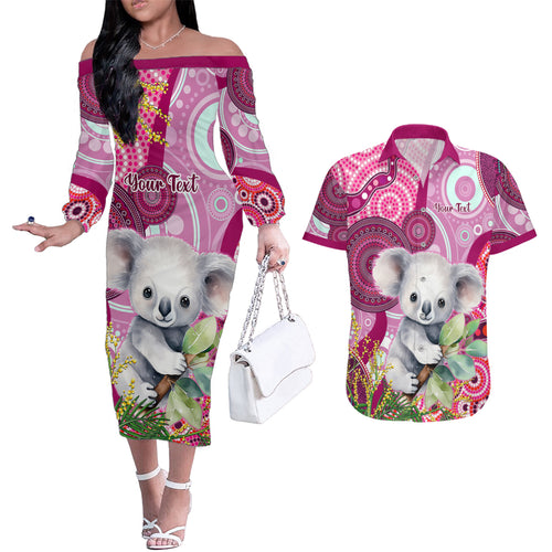 personalised-australia-couples-matching-off-the-shoulder-long-sleeve-dress-and-hawaiian-shirt-cute-koala-with-golden-wattle-indigenous-art
