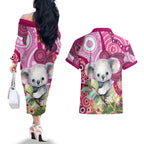 personalised-australia-couples-matching-off-the-shoulder-long-sleeve-dress-and-hawaiian-shirt-cute-koala-with-golden-wattle-indigenous-art