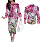 personalised-australia-couples-matching-off-the-shoulder-long-sleeve-dress-and-long-sleeve-button-shirts-cute-koala-with-golden-wattle-indigenous-art