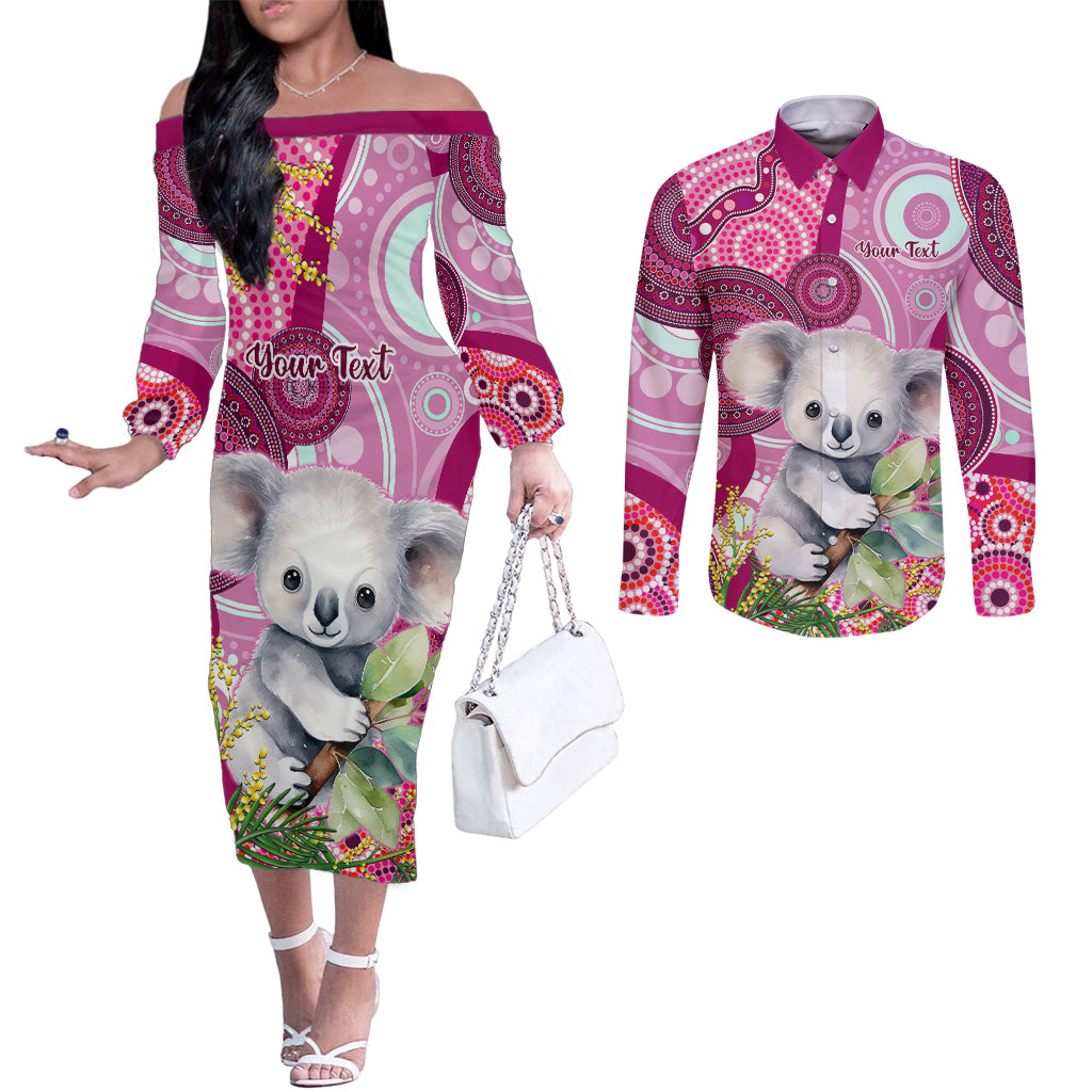 personalised-australia-couples-matching-off-the-shoulder-long-sleeve-dress-and-long-sleeve-button-shirts-cute-koala-with-golden-wattle-indigenous-art