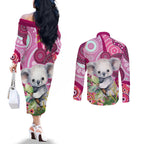 personalised-australia-couples-matching-off-the-shoulder-long-sleeve-dress-and-long-sleeve-button-shirts-cute-koala-with-golden-wattle-indigenous-art