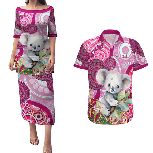 personalised-australia-couples-matching-puletasi-dress-and-hawaiian-shirt-cute-koala-with-golden-wattle-indigenous-art
