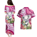 personalised-australia-couples-matching-puletasi-dress-and-hawaiian-shirt-cute-koala-with-golden-wattle-indigenous-art