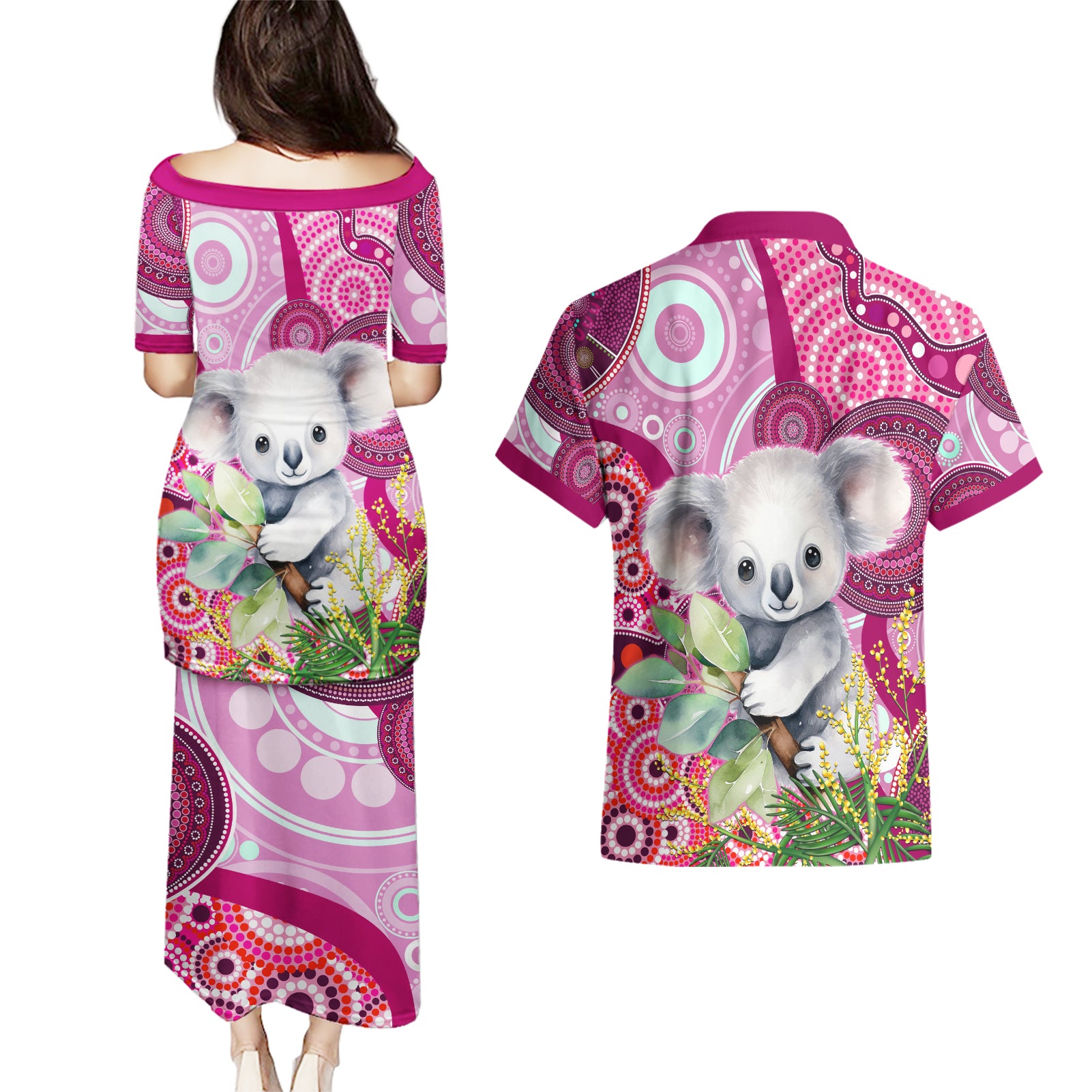 personalised-australia-couples-matching-puletasi-dress-and-hawaiian-shirt-cute-koala-with-golden-wattle-indigenous-art