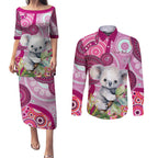 personalised-australia-couples-matching-puletasi-dress-and-long-sleeve-button-shirts-cute-koala-with-golden-wattle-indigenous-art