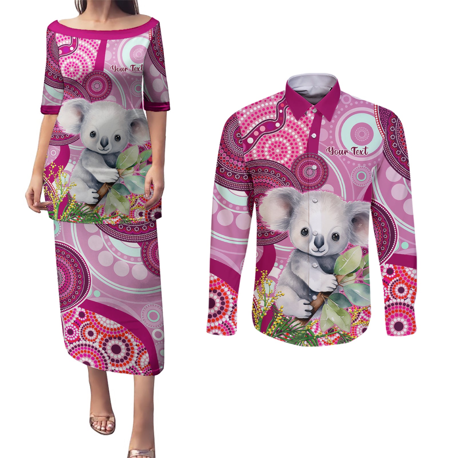 personalised-australia-couples-matching-puletasi-dress-and-long-sleeve-button-shirts-cute-koala-with-golden-wattle-indigenous-art