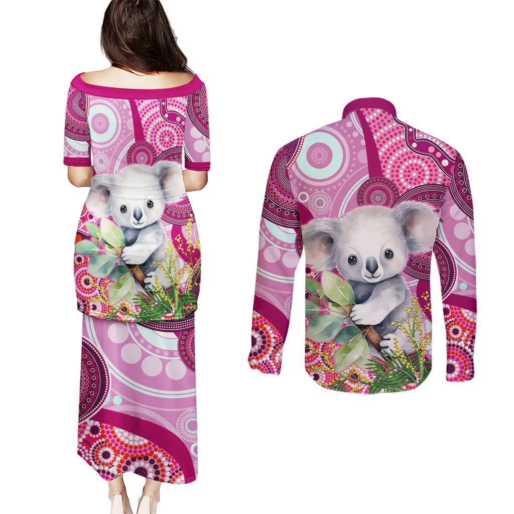 personalised-australia-couples-matching-puletasi-dress-and-long-sleeve-button-shirts-cute-koala-with-golden-wattle-indigenous-art