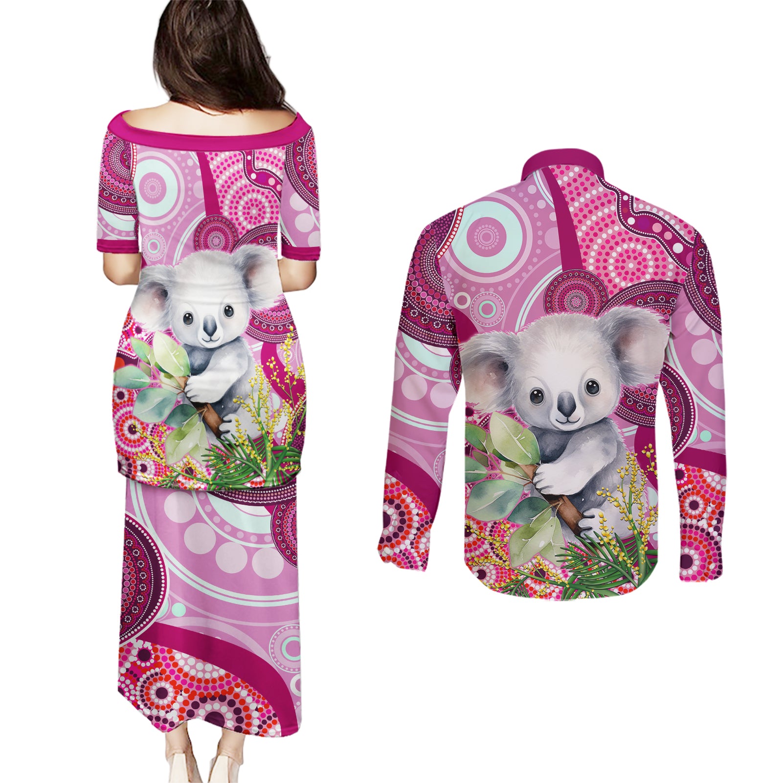 personalised-australia-couples-matching-puletasi-dress-and-long-sleeve-button-shirts-cute-koala-with-golden-wattle-indigenous-art