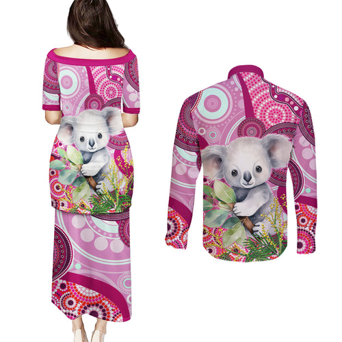 personalised-australia-couples-matching-puletasi-dress-and-long-sleeve-button-shirts-cute-koala-with-golden-wattle-indigenous-art