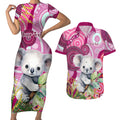personalised-australia-couples-matching-short-sleeve-bodycon-dress-and-hawaiian-shirt-cute-koala-with-golden-wattle-indigenous-art