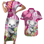 personalised-australia-couples-matching-short-sleeve-bodycon-dress-and-hawaiian-shirt-cute-koala-with-golden-wattle-indigenous-art