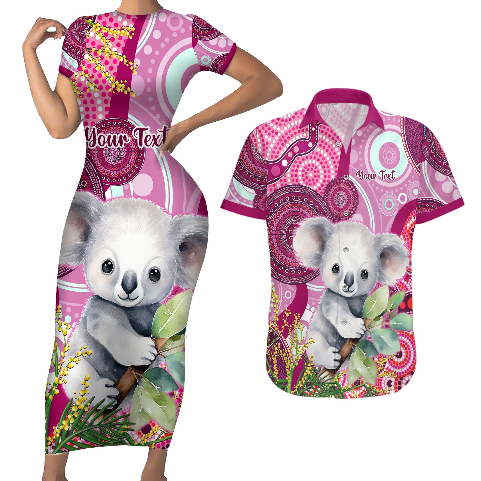 personalised-australia-couples-matching-short-sleeve-bodycon-dress-and-hawaiian-shirt-cute-koala-with-golden-wattle-indigenous-art