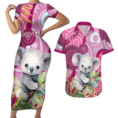 personalised-australia-couples-matching-short-sleeve-bodycon-dress-and-hawaiian-shirt-cute-koala-with-golden-wattle-indigenous-art