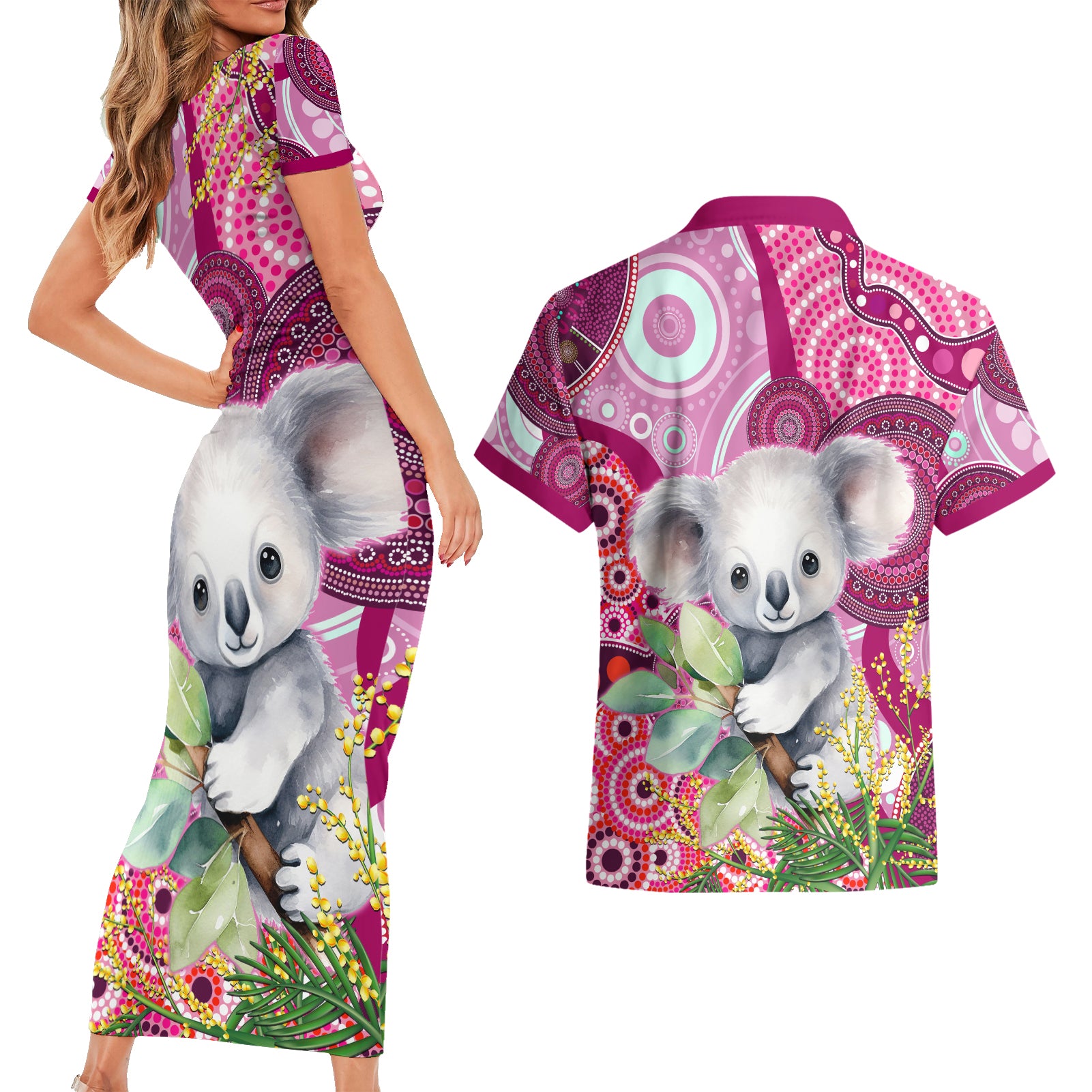 personalised-australia-couples-matching-short-sleeve-bodycon-dress-and-hawaiian-shirt-cute-koala-with-golden-wattle-indigenous-art