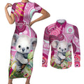 personalised-australia-couples-matching-short-sleeve-bodycon-dress-and-long-sleeve-button-shirts-cute-koala-with-golden-wattle-indigenous-art