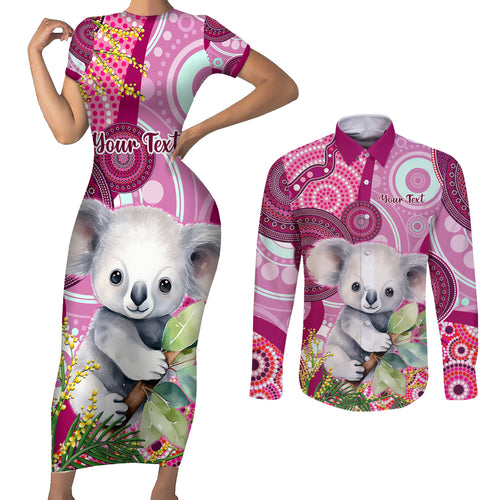 personalised-australia-couples-matching-short-sleeve-bodycon-dress-and-long-sleeve-button-shirts-cute-koala-with-golden-wattle-indigenous-art
