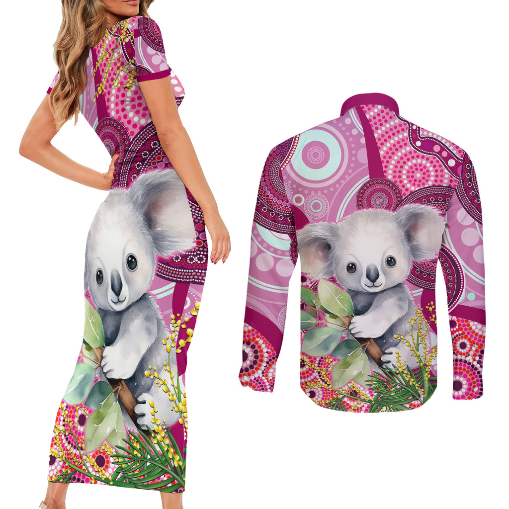 personalised-australia-couples-matching-short-sleeve-bodycon-dress-and-long-sleeve-button-shirts-cute-koala-with-golden-wattle-indigenous-art