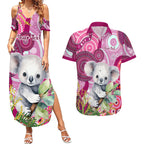 personalised-australia-couples-matching-summer-maxi-dress-and-hawaiian-shirt-cute-koala-with-golden-wattle-indigenous-art