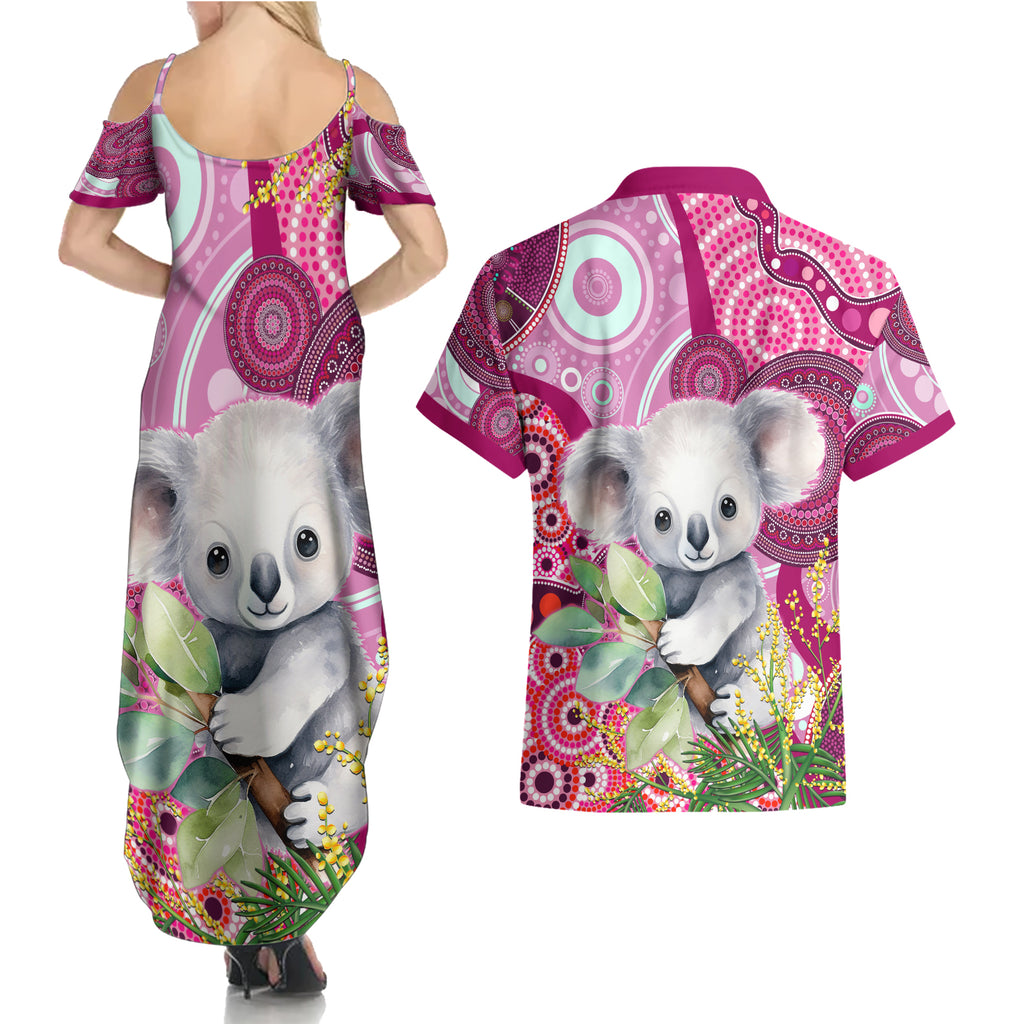 personalised-australia-couples-matching-summer-maxi-dress-and-hawaiian-shirt-cute-koala-with-golden-wattle-indigenous-art