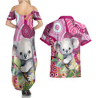 personalised-australia-couples-matching-summer-maxi-dress-and-hawaiian-shirt-cute-koala-with-golden-wattle-indigenous-art