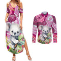 personalised-australia-couples-matching-summer-maxi-dress-and-long-sleeve-button-shirts-cute-koala-with-golden-wattle-indigenous-art