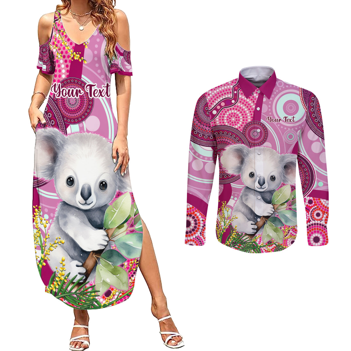 personalised-australia-couples-matching-summer-maxi-dress-and-long-sleeve-button-shirts-cute-koala-with-golden-wattle-indigenous-art