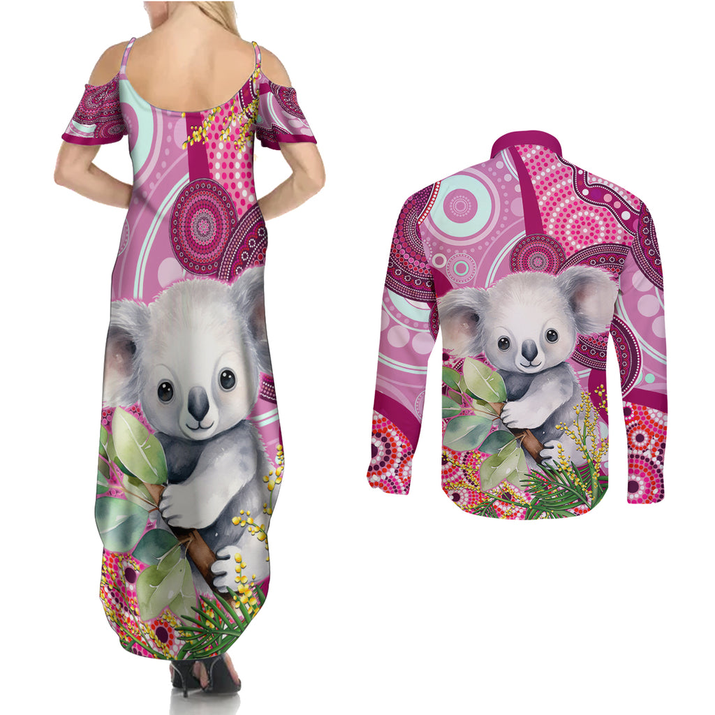 personalised-australia-couples-matching-summer-maxi-dress-and-long-sleeve-button-shirts-cute-koala-with-golden-wattle-indigenous-art