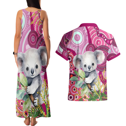 personalised-australia-couples-matching-tank-maxi-dress-and-hawaiian-shirt-cute-koala-with-golden-wattle-indigenous-art