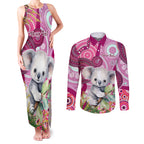 personalised-australia-couples-matching-tank-maxi-dress-and-long-sleeve-button-shirts-cute-koala-with-golden-wattle-indigenous-art