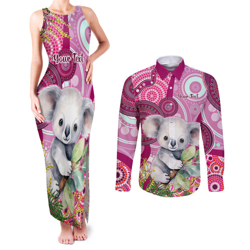personalised-australia-couples-matching-tank-maxi-dress-and-long-sleeve-button-shirts-cute-koala-with-golden-wattle-indigenous-art