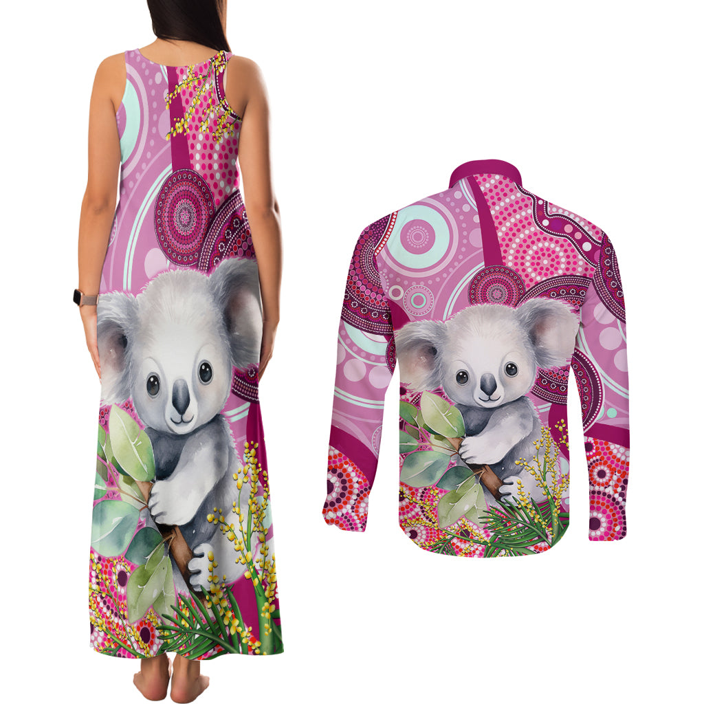 personalised-australia-couples-matching-tank-maxi-dress-and-long-sleeve-button-shirts-cute-koala-with-golden-wattle-indigenous-art