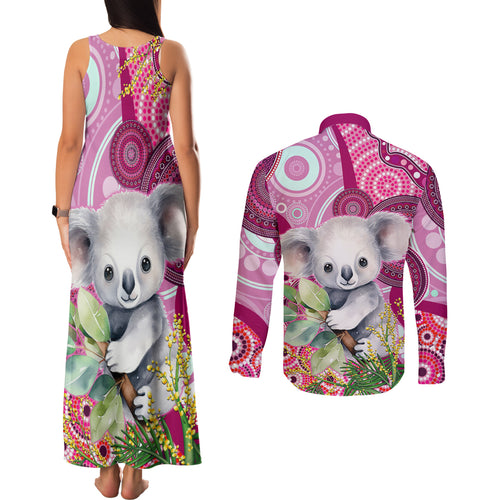 personalised-australia-couples-matching-tank-maxi-dress-and-long-sleeve-button-shirts-cute-koala-with-golden-wattle-indigenous-art