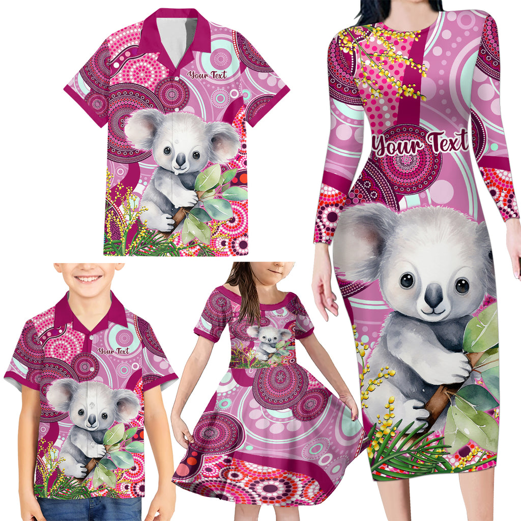 personalised-australia-family-matching-long-sleeve-bodycon-dress-and-hawaiian-shirt-cute-koala-with-golden-wattle-indigenous-art