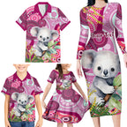 personalised-australia-family-matching-long-sleeve-bodycon-dress-and-hawaiian-shirt-cute-koala-with-golden-wattle-indigenous-art