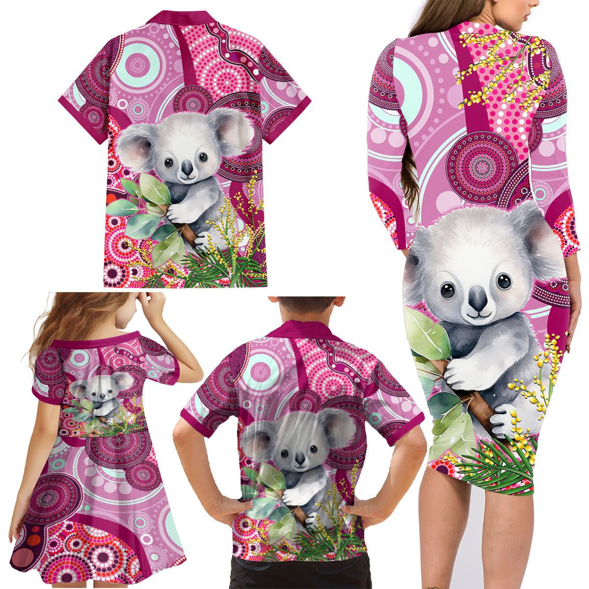 personalised-australia-family-matching-long-sleeve-bodycon-dress-and-hawaiian-shirt-cute-koala-with-golden-wattle-indigenous-art