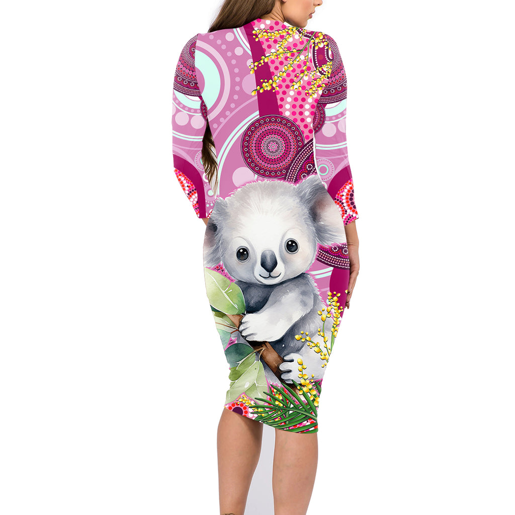 personalised-australia-family-matching-long-sleeve-bodycon-dress-and-hawaiian-shirt-cute-koala-with-golden-wattle-indigenous-art