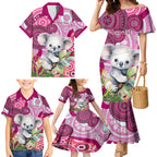 personalised-australia-family-matching-mermaid-dress-and-hawaiian-shirt-cute-koala-with-golden-wattle-indigenous-art
