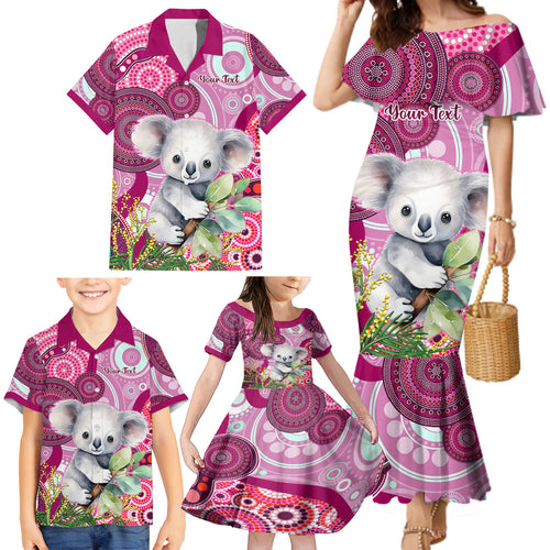 personalised-australia-family-matching-mermaid-dress-and-hawaiian-shirt-cute-koala-with-golden-wattle-indigenous-art