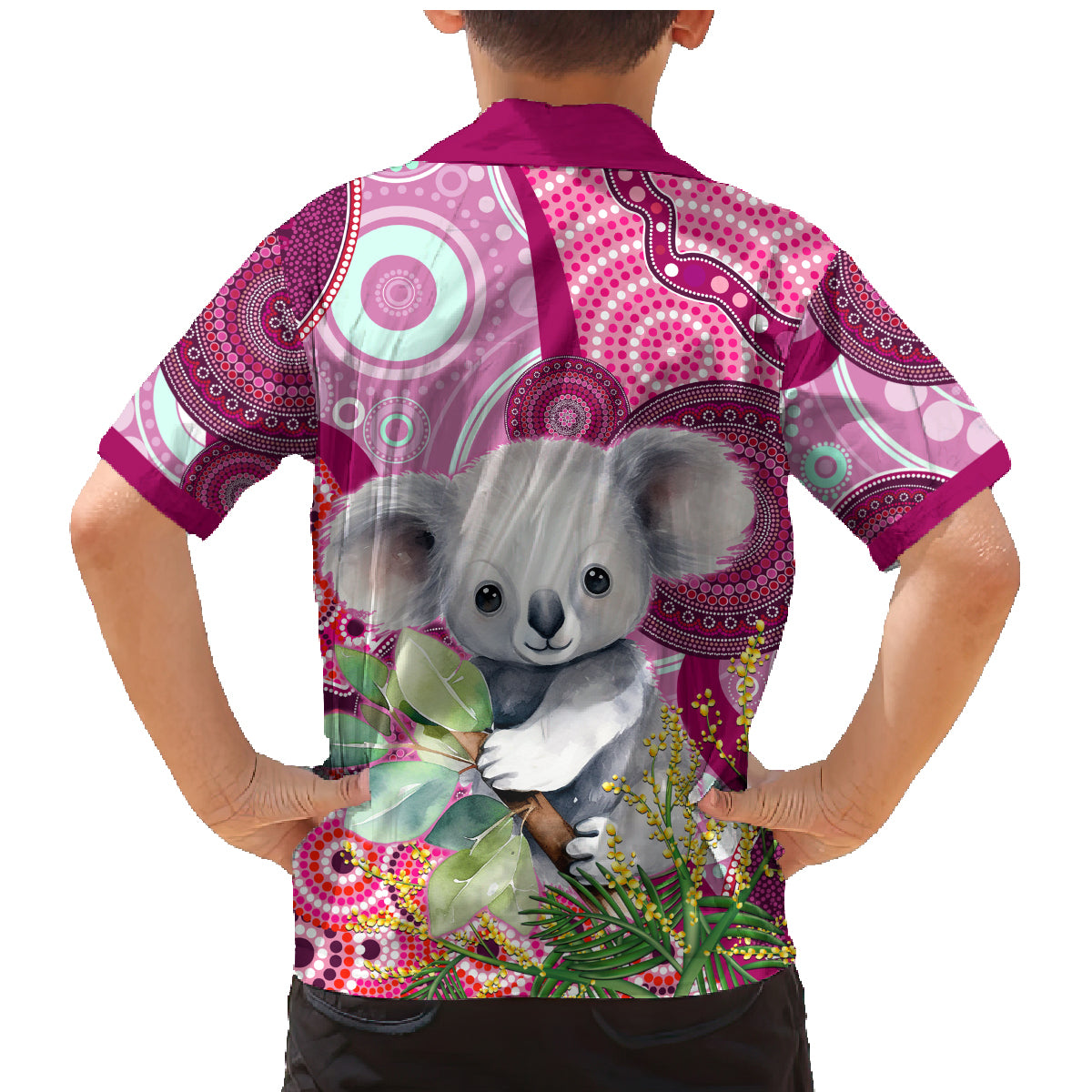personalised-australia-family-matching-mermaid-dress-and-hawaiian-shirt-cute-koala-with-golden-wattle-indigenous-art