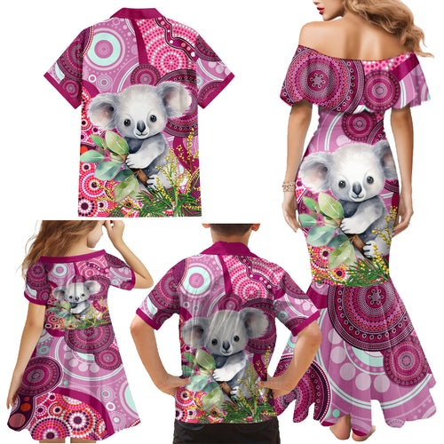 personalised-australia-family-matching-mermaid-dress-and-hawaiian-shirt-cute-koala-with-golden-wattle-indigenous-art