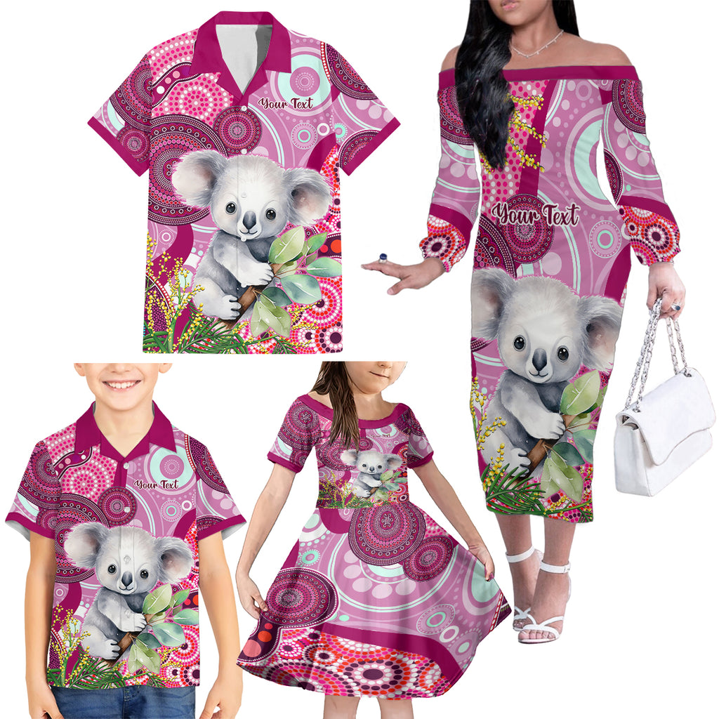 personalised-australia-family-matching-off-shoulder-long-sleeve-dress-and-hawaiian-shirt-cute-koala-with-golden-wattle-indigenous-art