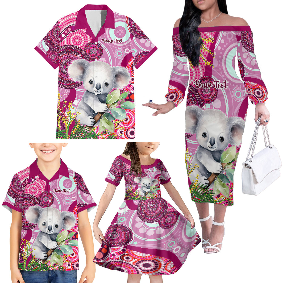 personalised-australia-family-matching-off-shoulder-long-sleeve-dress-and-hawaiian-shirt-cute-koala-with-golden-wattle-indigenous-art