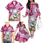 personalised-australia-family-matching-off-shoulder-long-sleeve-dress-and-hawaiian-shirt-cute-koala-with-golden-wattle-indigenous-art