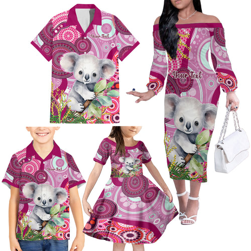 personalised-australia-family-matching-off-shoulder-long-sleeve-dress-and-hawaiian-shirt-cute-koala-with-golden-wattle-indigenous-art