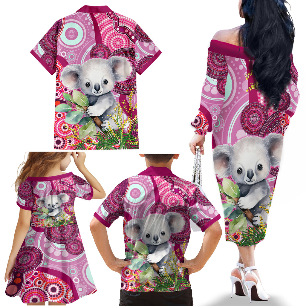 personalised-australia-family-matching-off-shoulder-long-sleeve-dress-and-hawaiian-shirt-cute-koala-with-golden-wattle-indigenous-art