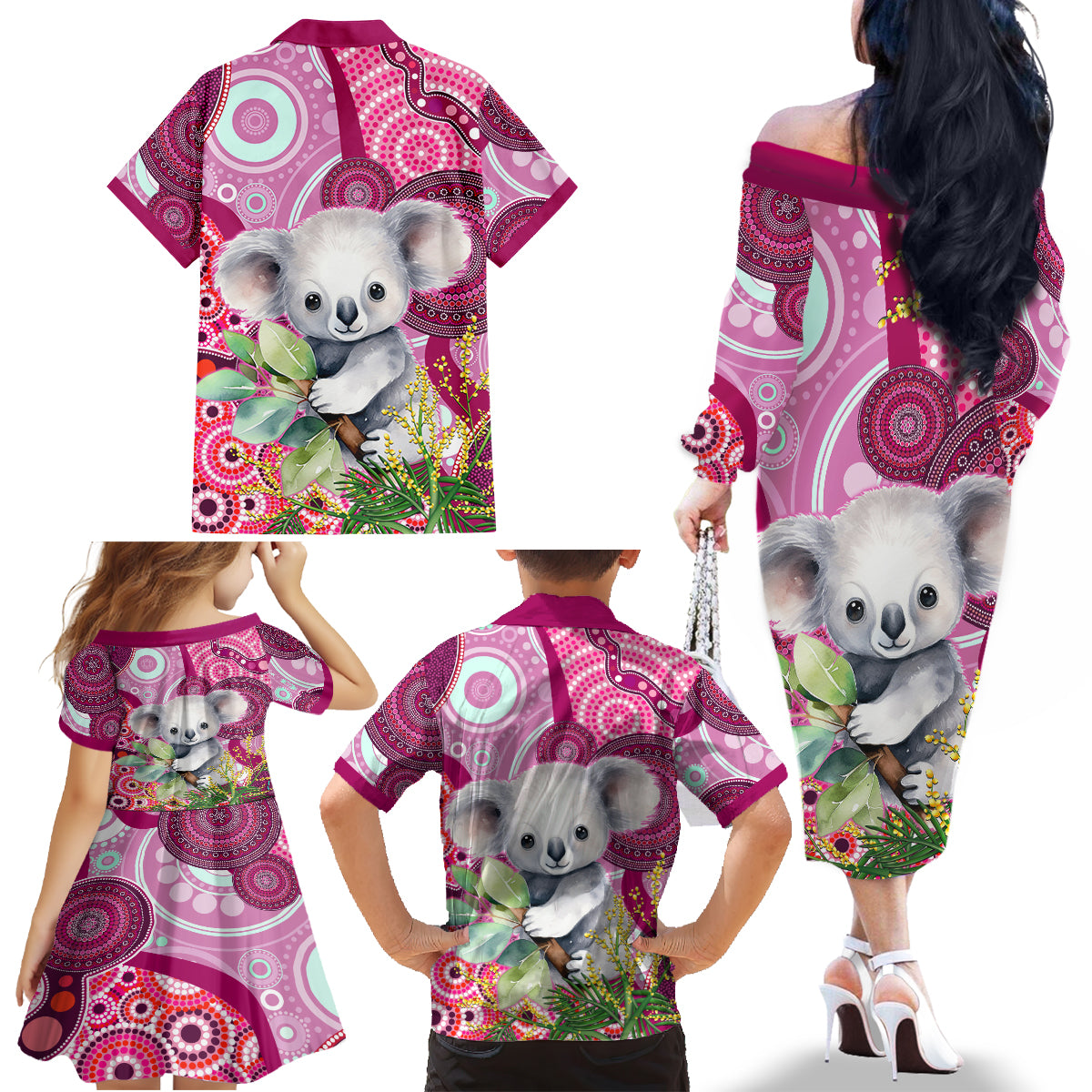 personalised-australia-family-matching-off-shoulder-long-sleeve-dress-and-hawaiian-shirt-cute-koala-with-golden-wattle-indigenous-art