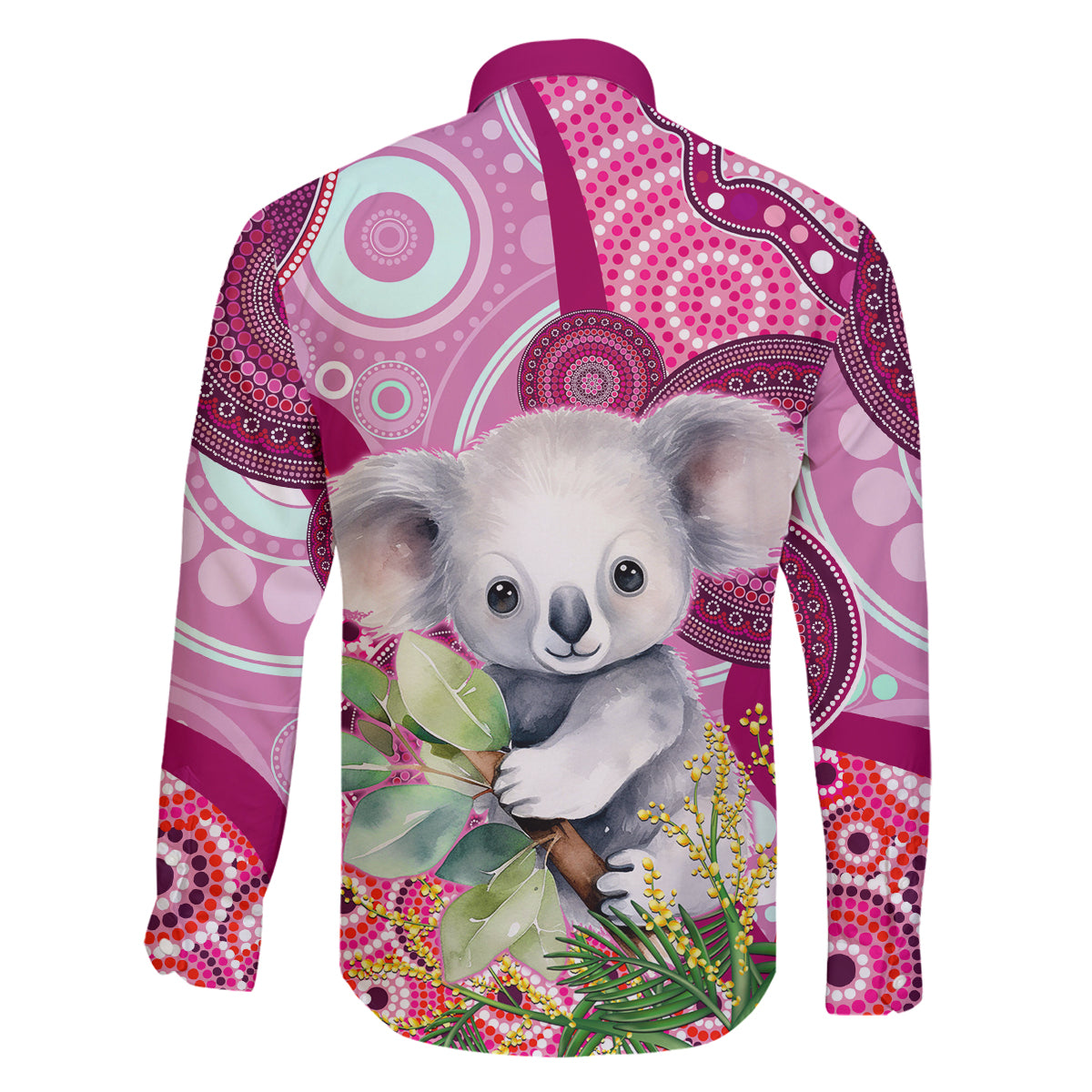 personalised-australia-family-matching-off-shoulder-long-sleeve-dress-and-hawaiian-shirt-cute-koala-with-golden-wattle-indigenous-art