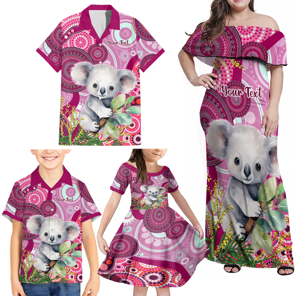 personalised-australia-family-matching-off-shoulder-maxi-dress-and-hawaiian-shirt-cute-koala-with-golden-wattle-indigenous-art