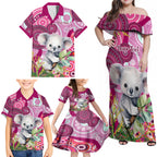 personalised-australia-family-matching-off-shoulder-maxi-dress-and-hawaiian-shirt-cute-koala-with-golden-wattle-indigenous-art